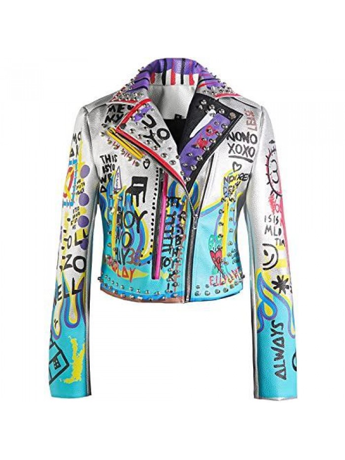 Women's Faux Leather PU Jacket, Graffiti Studded Rivet Punk Biker Moto Fashion Coat with Long Sleeve 