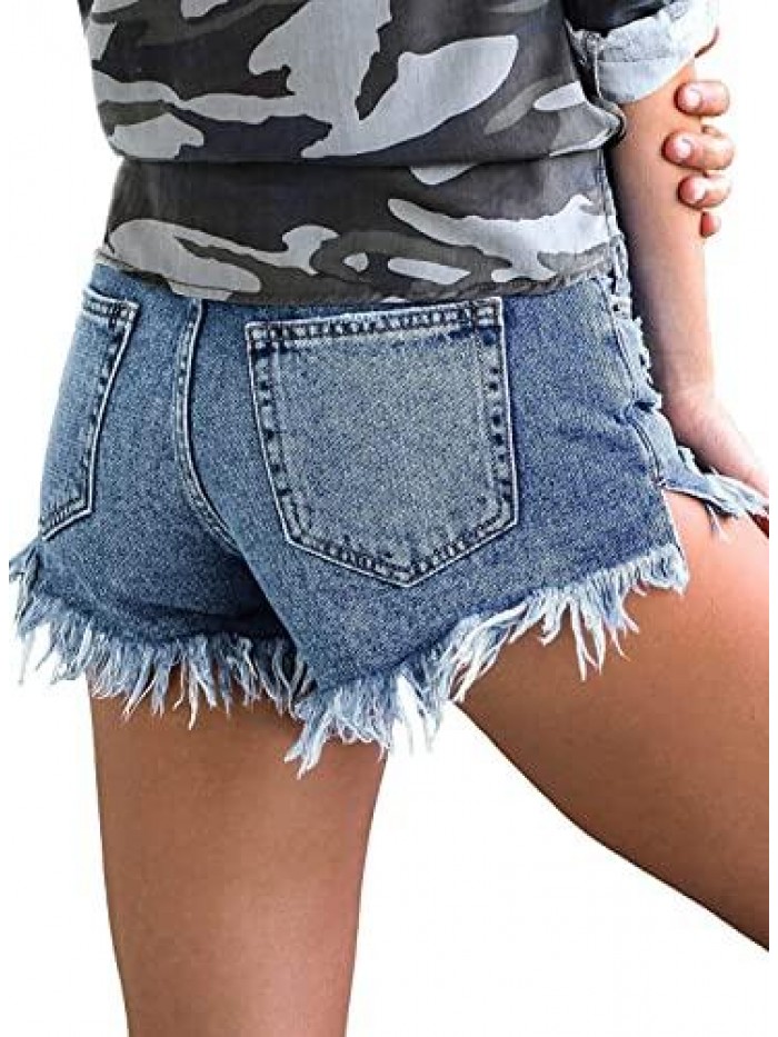 Women's Casual Denim Shorts Frayed Raw Hem Ripped Jeans Shorts 