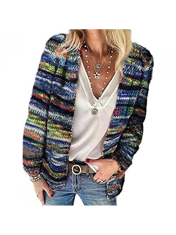 Women's Long Sleeve Rainbow Stripe Color Block Cardigan Sweaters Colorful Open Front Cardigan Outwear with Pockets 