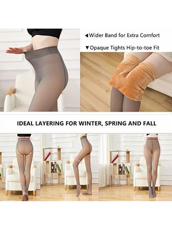 Women's Winter Tights Fleece Lined Pantyhose Opaque Warm Leggings Thicken Fake Translucent Tights Elastic Control Top 