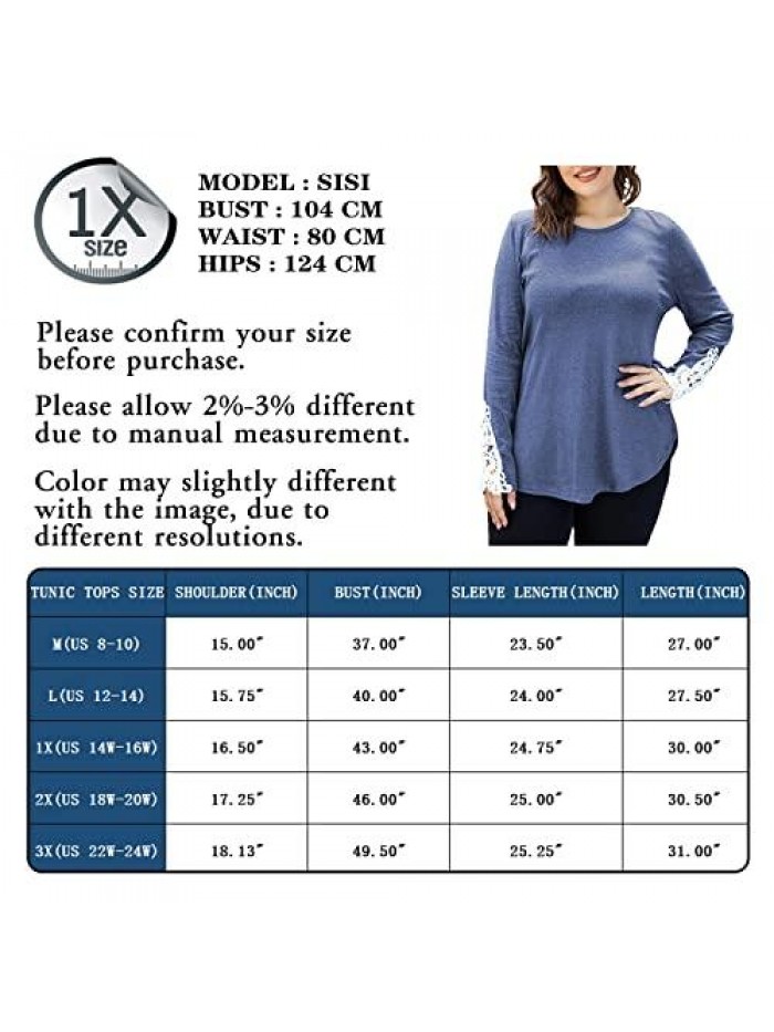 Womens Plus Size Tops Lace Long Sleeve Casual Tunic Shirts Round Neck Blouses M-3X 