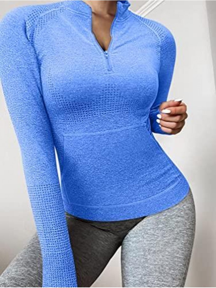 Women Workout Long Sleeve Yoga Front Pocket Tops Gym Half Zipper Stand Collar Running Athletic Shirt 