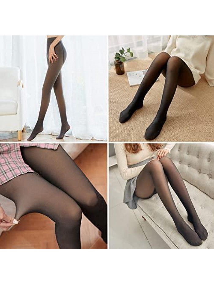 Women's Winter Tights Fleece Lined Pantyhose Opaque Warm Leggings Thicken Fake Translucent Tights Elastic Control Top 