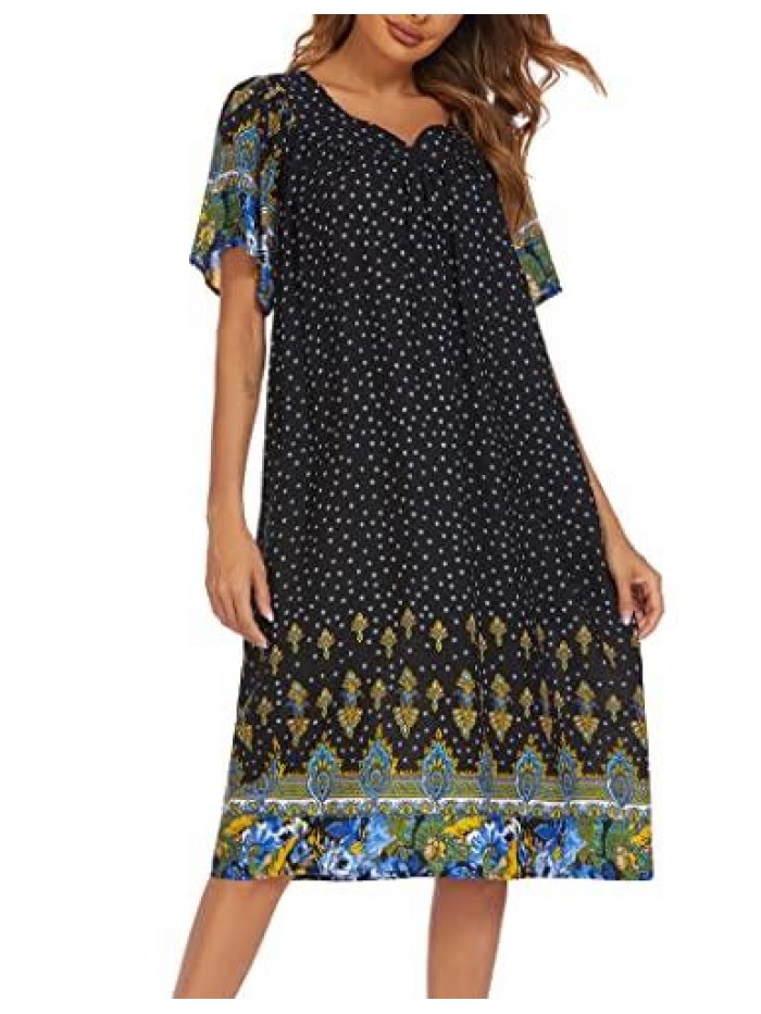 Womens Nightgown Short Sleeve House Dress with Pockets-Floral Print Mumu Dress S-XXXL 