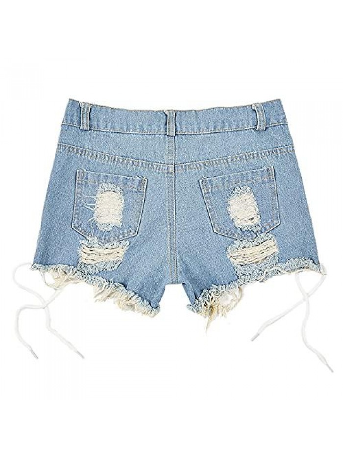 Women's Ripped Frayed Raw Hem Denim Shorts Mid Rise Casual Summer Bermuda Shorts Side Lace Up Sexy Club Short Jeans 