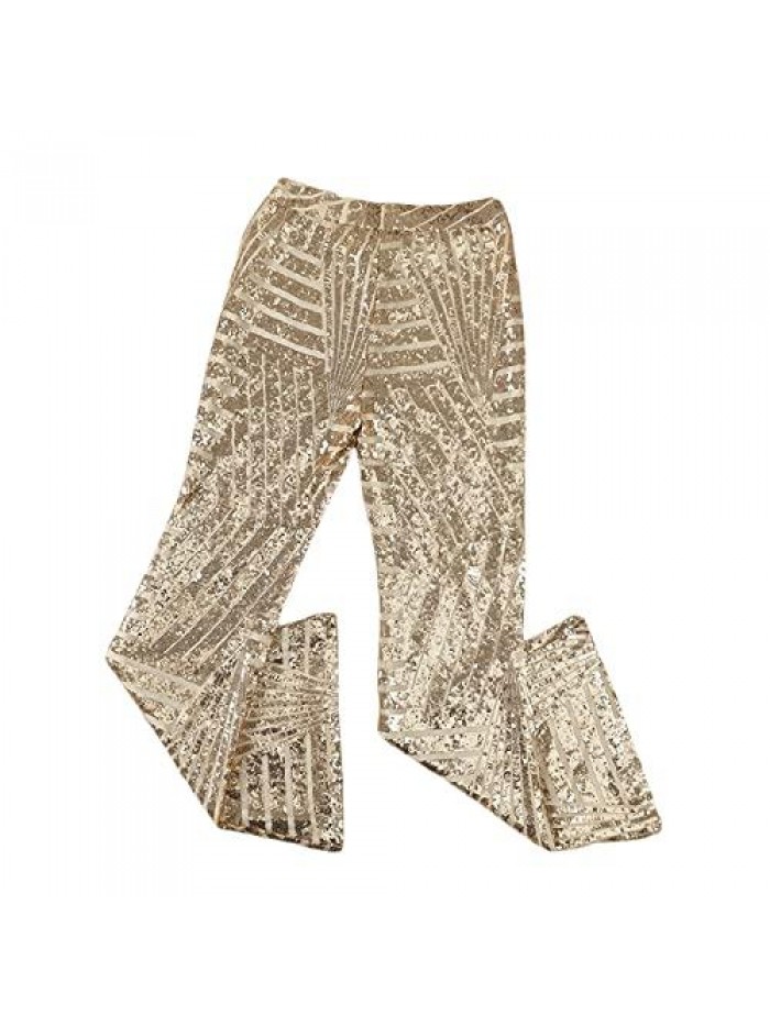 Sequin Bell Bottoms for Women Glitter High Waist Wide Leg Palazzo Pants Casual Sparkle Flared Trousers Disco Pants 