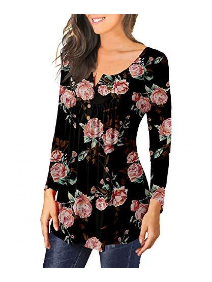 Women's Floral Tunic Tops Casual Blouse V Neck Long Sleeve Buttons Up T-Shirts 