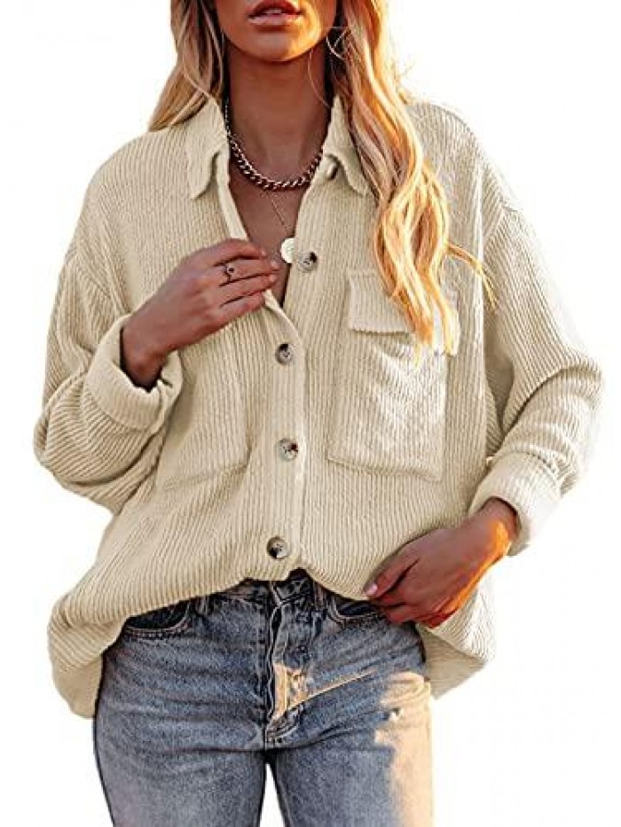 Womens Corduroy Long Sleeve Button Down Shirts Casual Jacket Tops Shacket 