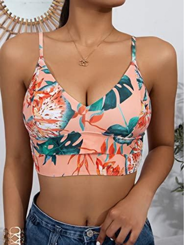 Women's Tropical Floral Print V Neck Tankini Top Bikini Swimsuit Bathing Suit Top 