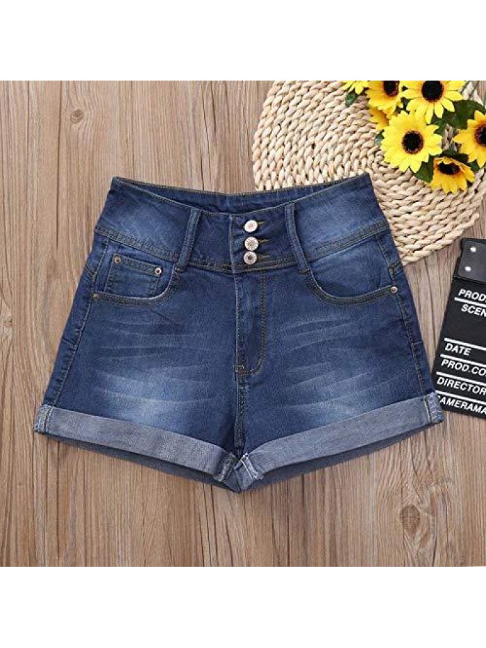 Denim Shorts Summer Mid Waist Rolled Hem Distressed Short Jeans for Women 