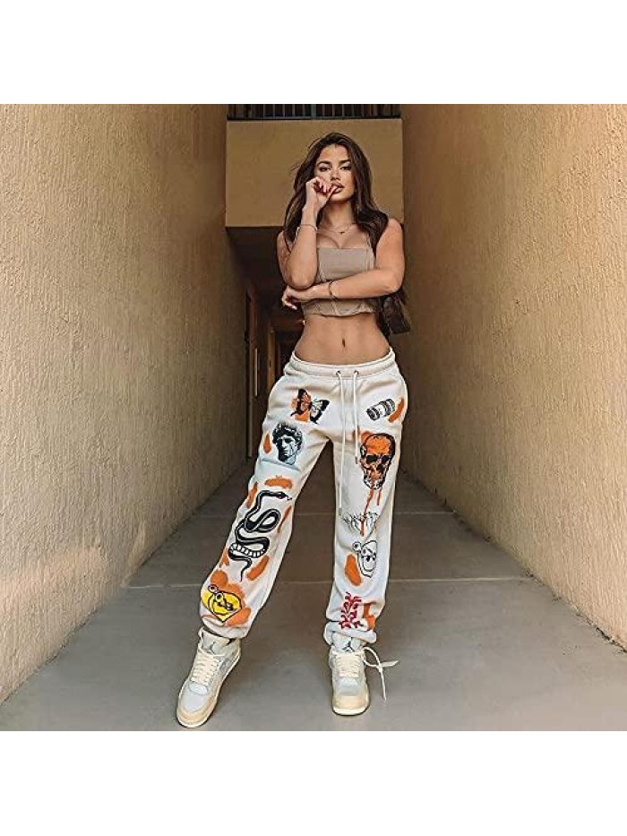 Women's Printed Jogger Pants Elastic Waist Fashion Graphic Hiphop Streetwear Loose Sweatpants with Pockets Trousers 