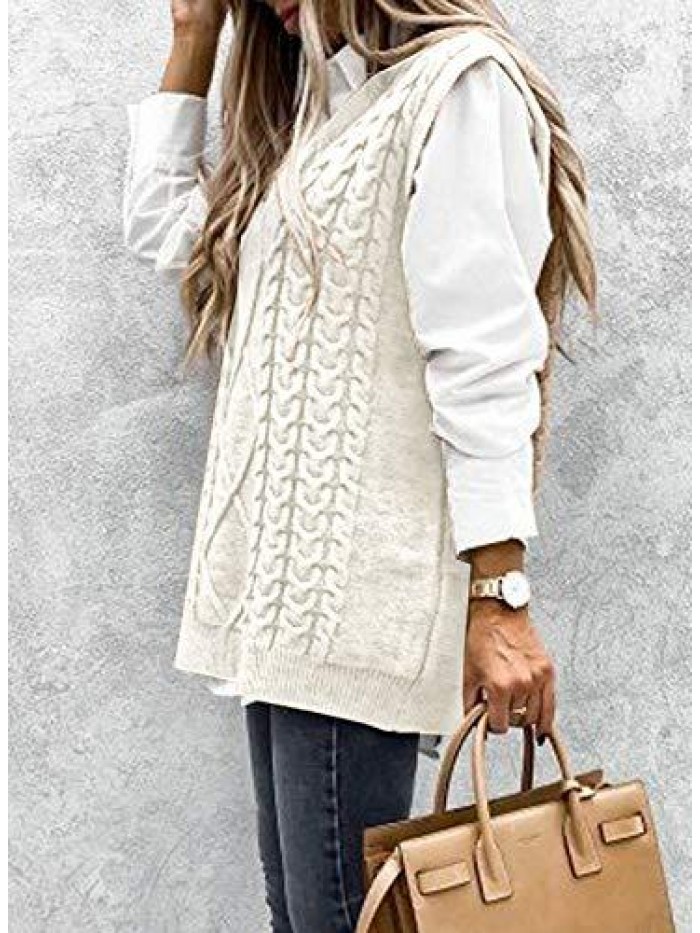 Women's Oversized Solid Color V-Neck Knitted Vest Cable Sleeveless Sweater(S-2XL) 