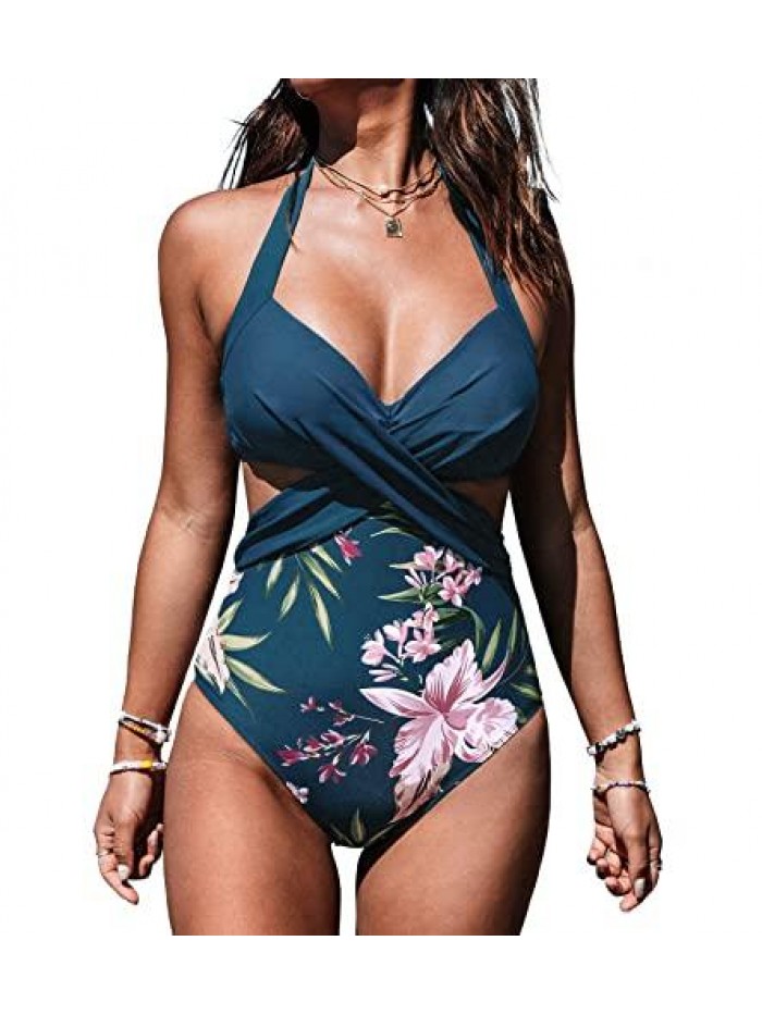 Women's One Piece Swimsuit Floral Print Wrap Halter Cutout Push Up Bathing Suit 