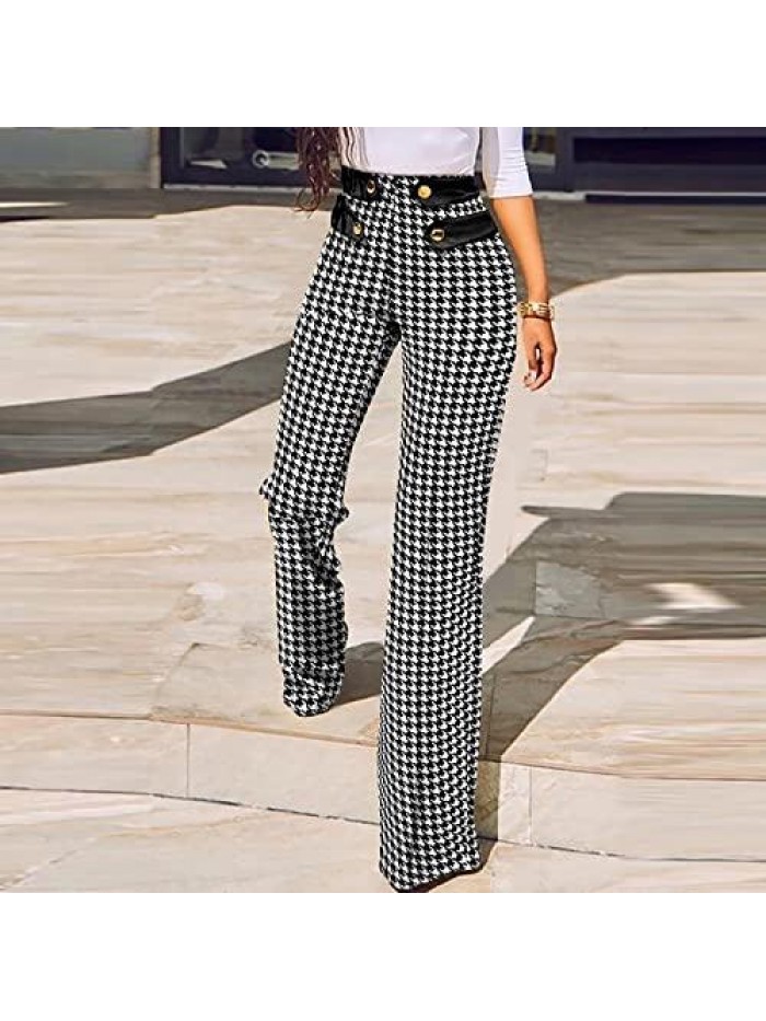 for Women Fashion Plaid Print Dress Pant Elegant Slim Fit Straight Button Casual Suit Pants Pencil Trousers 