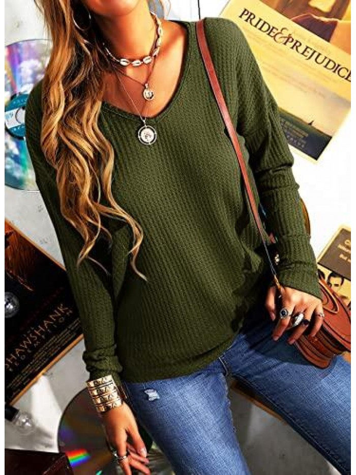 Women Casual V-Neck Long Sleeve Waffle Knit T-Shirt Solid Color Casual Basic Shirt Tops 