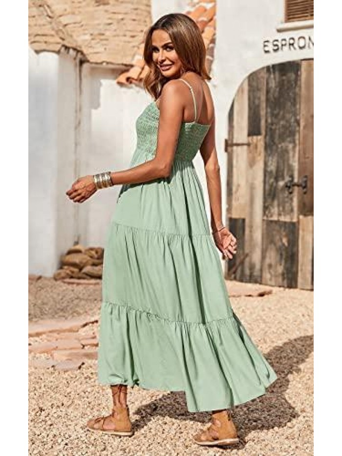 Women's Summer Maxi Dress Casual Boho Sleeveless Spaghetti Strap Smocked Tiered Long Beach Sun Dresses 