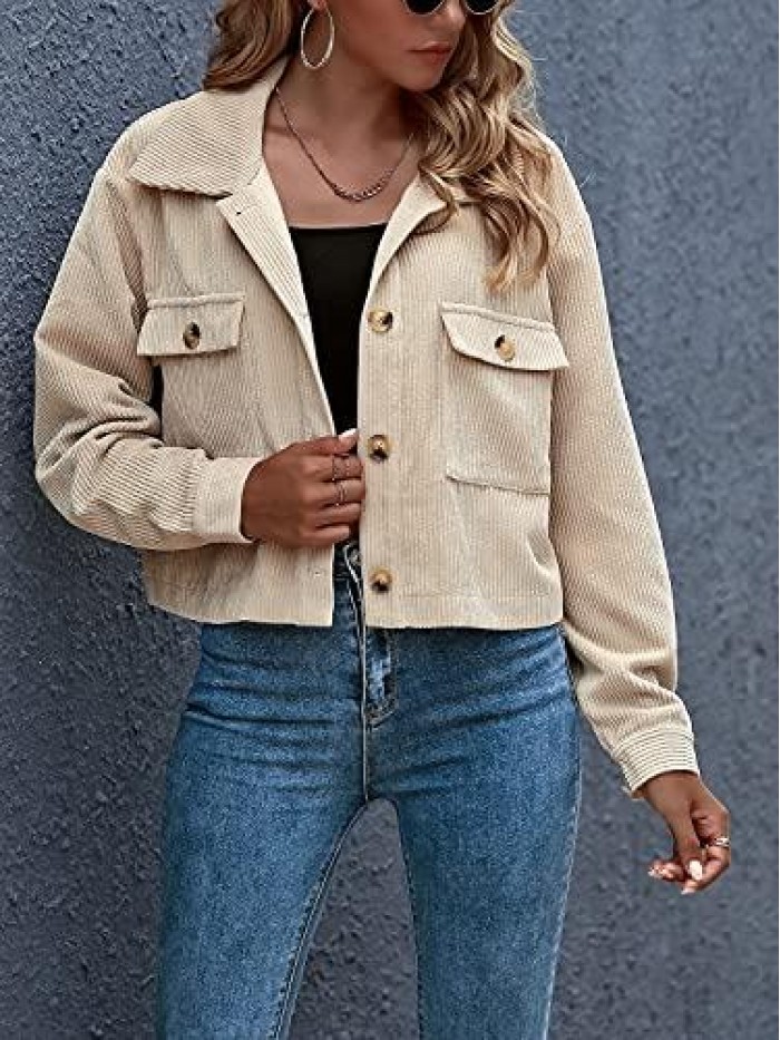 Women's Casual Cropped Corduroy Jackets Button Down Long Sleeve Shirts Jacket With Pockets 