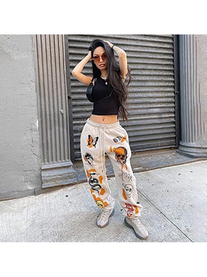 Women's Printed Jogger Pants Elastic Waist Fashion Graphic Hiphop Streetwear Loose Sweatpants with Pockets Trousers 