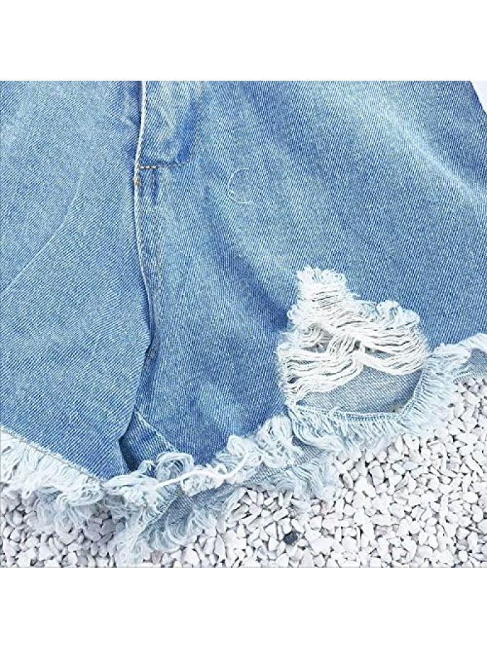 Women's Ripped Frayed Raw Hem Denim Shorts Mid Rise Casual Summer Bermuda Shorts Side Lace Up Sexy Club Short Jeans 