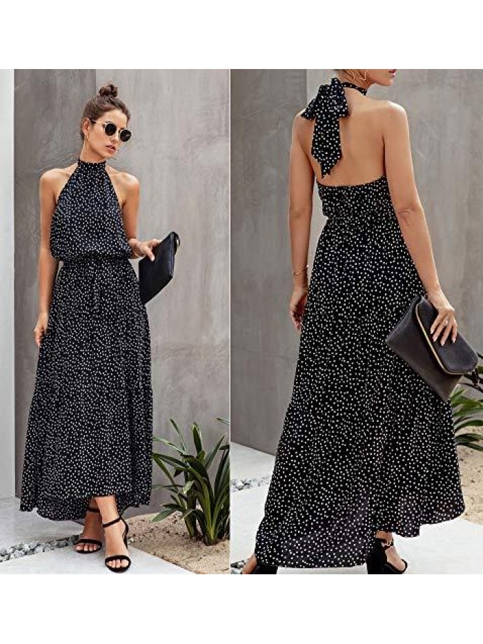 Women’s Casual Halter Neck Sleeveless Floral Long Maxi Dress Backless Loose Ruffle Sundress with Belt 