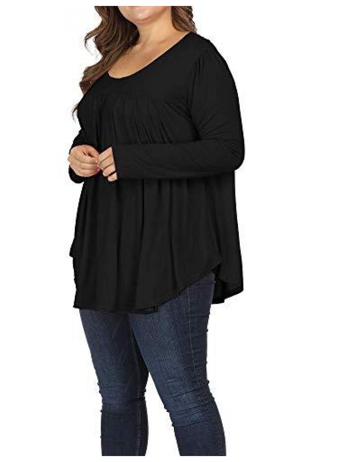 Women Plus Size Casual Pleated Long Sleeve Blouse Top Round Neck Flowy T Shirts 