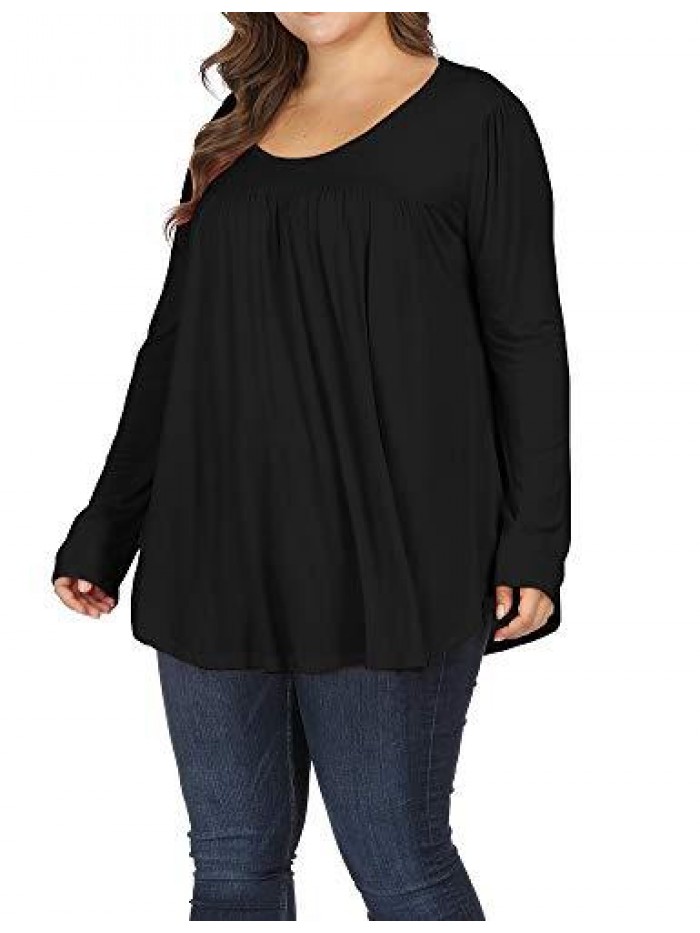 Women Plus Size Casual Pleated Long Sleeve Blouse Top Round Neck Flowy T Shirts 