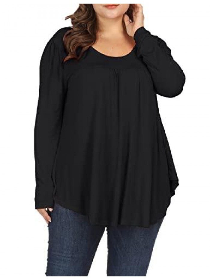 Women Plus Size Casual Pleated Long Sleeve Blouse Top Round Neck Flowy T Shirts 