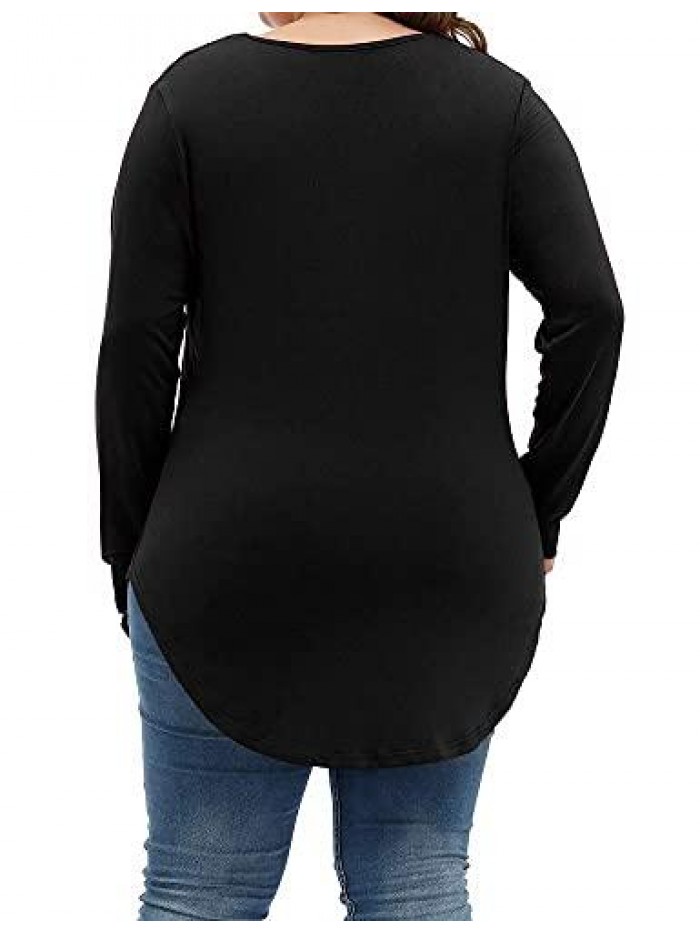 Women's Plus Size Tops Long Sleeve Casual Scoop Collar Pocket T Shirts 