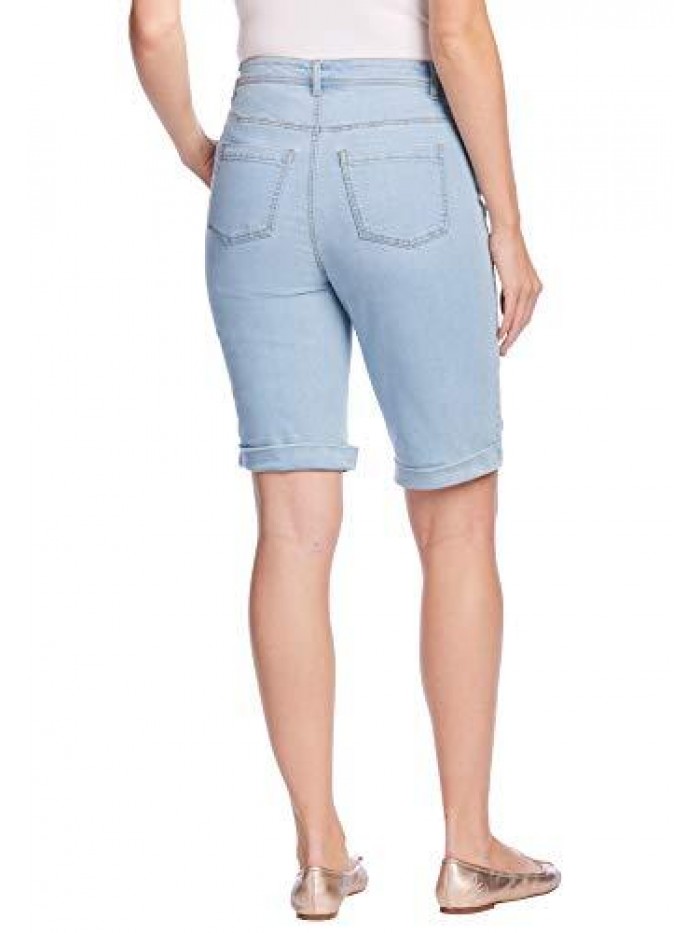 Within Women's Plus Size Stretch Jean Bermuda Short - 14 W, Medium Stonewash Floral Embroidery Blue 