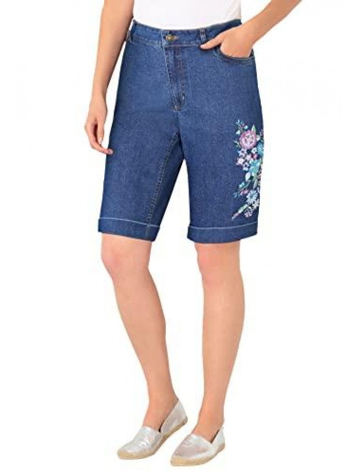 Within Women's Plus Size Stretch Jean Bermuda Short - 14 W, Medium Stonewash Floral Embroidery Blue 