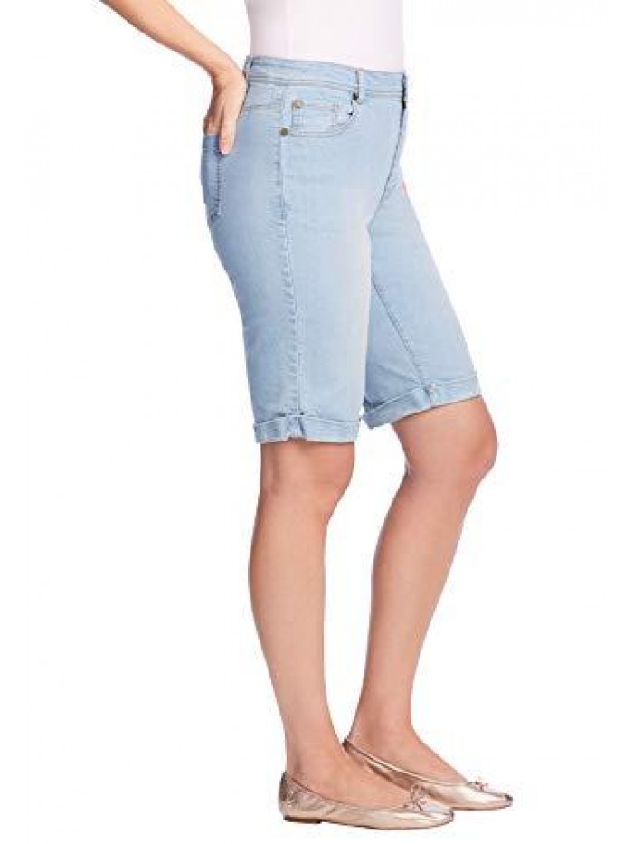 Within Women's Plus Size Stretch Jean Bermuda Short - 14 W, Medium Stonewash Floral Embroidery Blue 