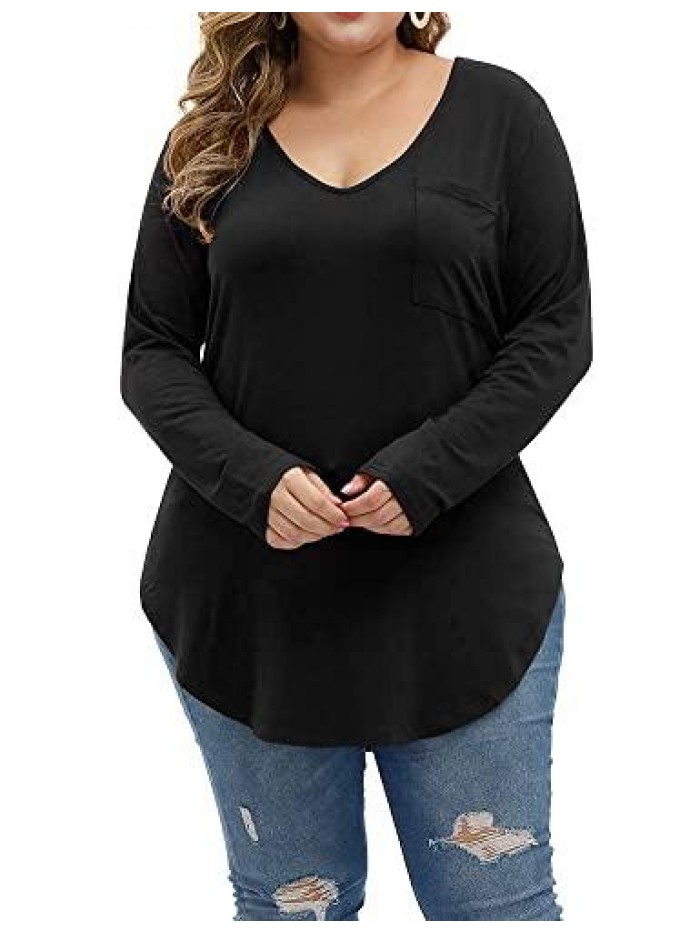 Women's Plus Size Tops Long Sleeve Casual Scoop Collar Pocket T Shirts 