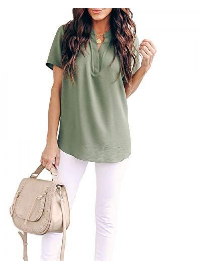 Women Summer Casual Split V Neckline Chiffon Blouses Loose Tunic Short Sleeve Tops 