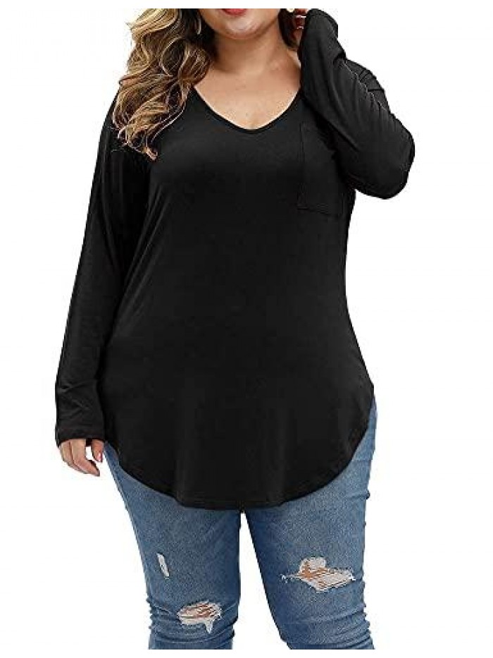 Women's Plus Size Tops Long Sleeve Casual Scoop Collar Pocket T Shirts 