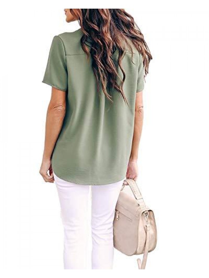 Women Summer Casual Split V Neckline Chiffon Blouses Loose Tunic Short Sleeve Tops 