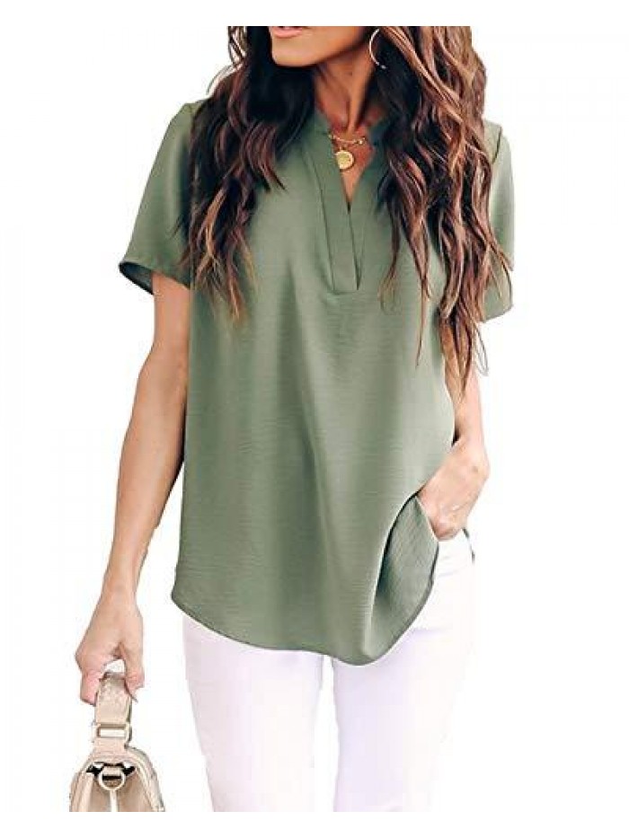 Women Summer Casual Split V Neckline Chiffon Blouses Loose Tunic Short Sleeve Tops 