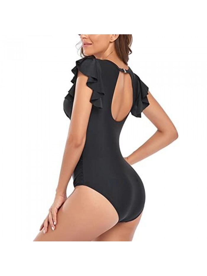 Women's High Neck One Piece Swimsuit Ruffle Slimming Retro Swimwear Ruched Vintage Modest Bathing Suit 