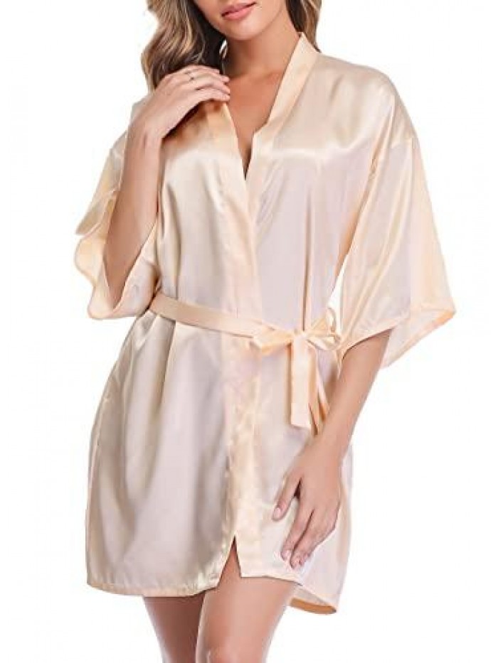 Women's Kimono Robes Short Satin Pure Color Bridal Party Robe with Oblique V-Neck 