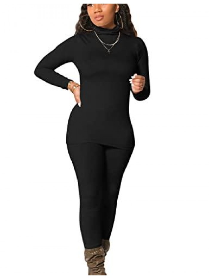 Women's Tracksuit 2 Piece Outfits Turtleneck Long Sleeve Shirt Workout Jogger Legging Pants Set 