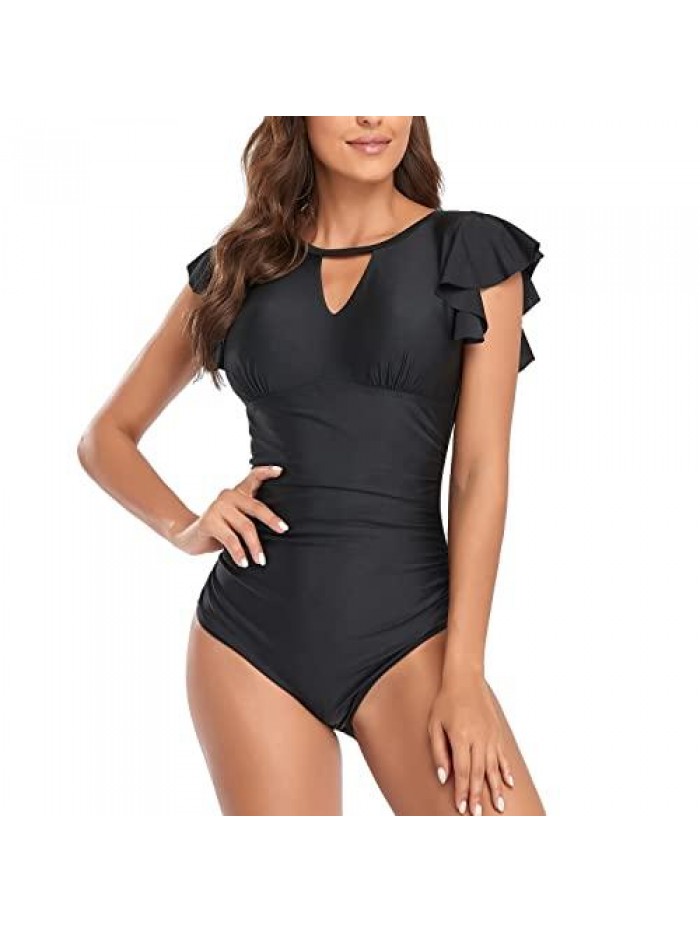 Women's High Neck One Piece Swimsuit Ruffle Slimming Retro Swimwear Ruched Vintage Modest Bathing Suit 