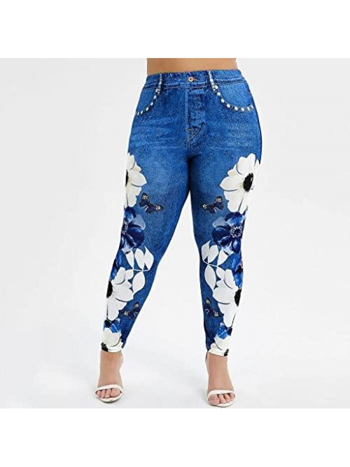 Leggings for Women Floral Denim Print Plus Size Yoga Pants Stretch Jean High Waist Fake Jeans Tights Jeggings Pants 