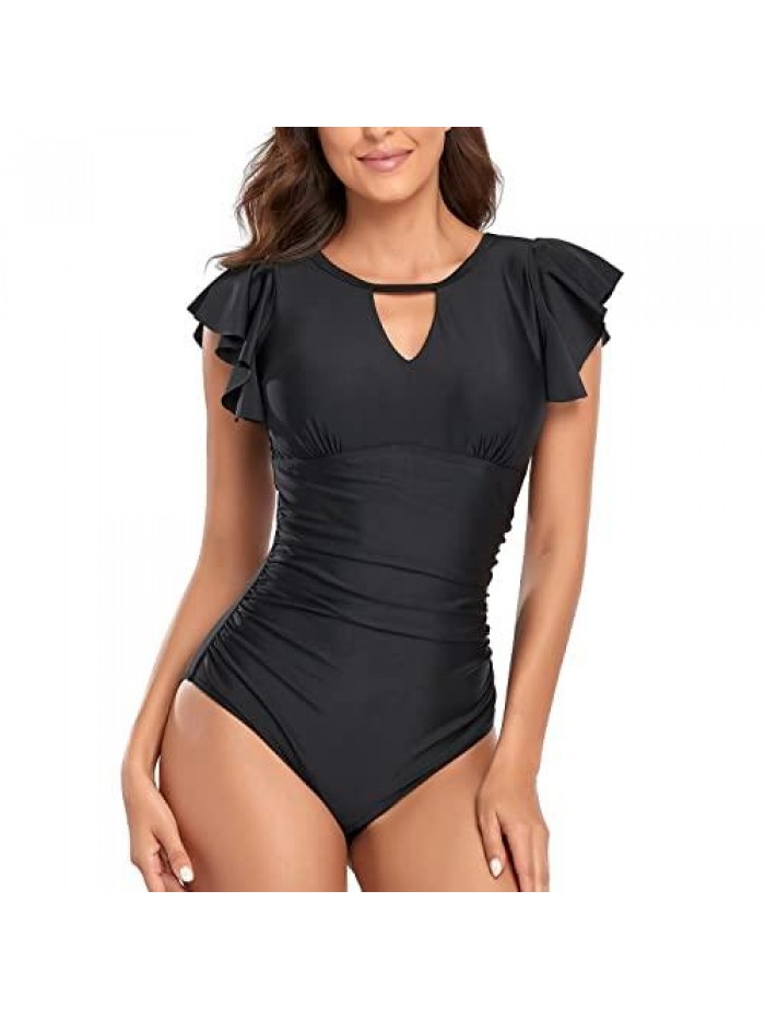 Women's High Neck One Piece Swimsuit Ruffle Slimming Retro Swimwear Ruched Vintage Modest Bathing Suit 