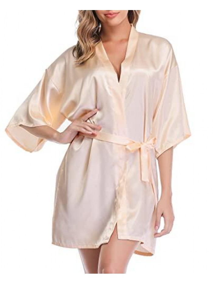 Women's Kimono Robes Short Satin Pure Color Bridal Party Robe with Oblique V-Neck 