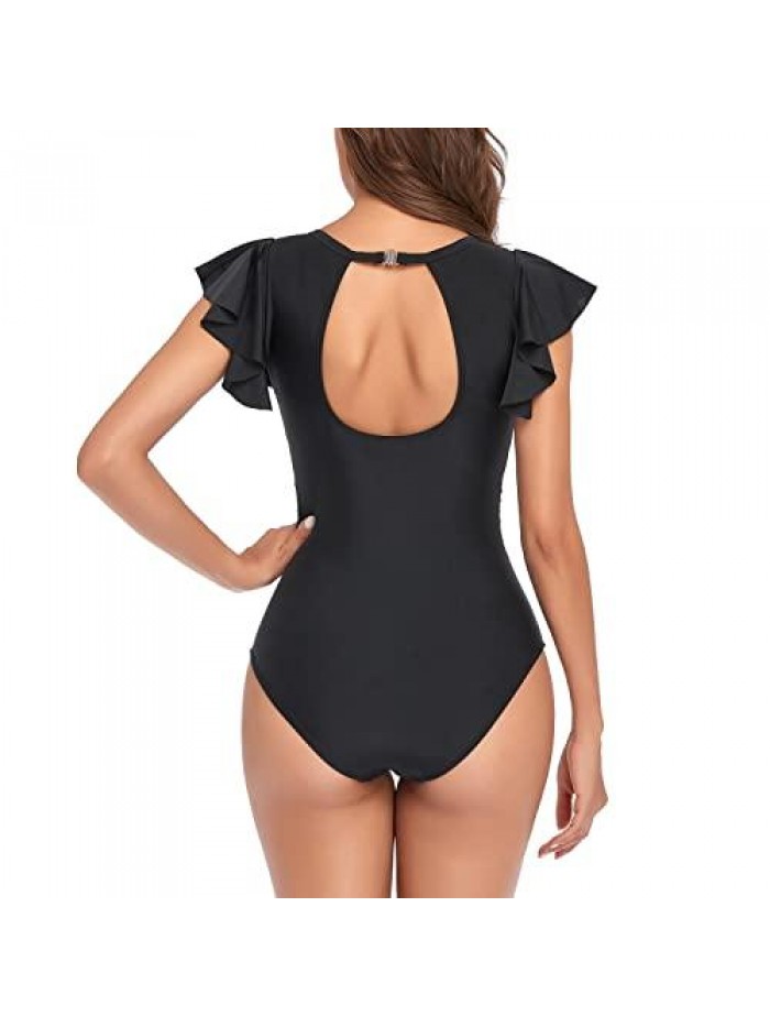 Women's High Neck One Piece Swimsuit Ruffle Slimming Retro Swimwear Ruched Vintage Modest Bathing Suit 