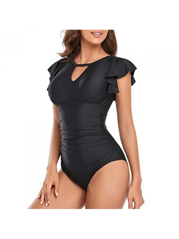 Women's High Neck One Piece Swimsuit Ruffle Slimming Retro Swimwear Ruched Vintage Modest Bathing Suit 