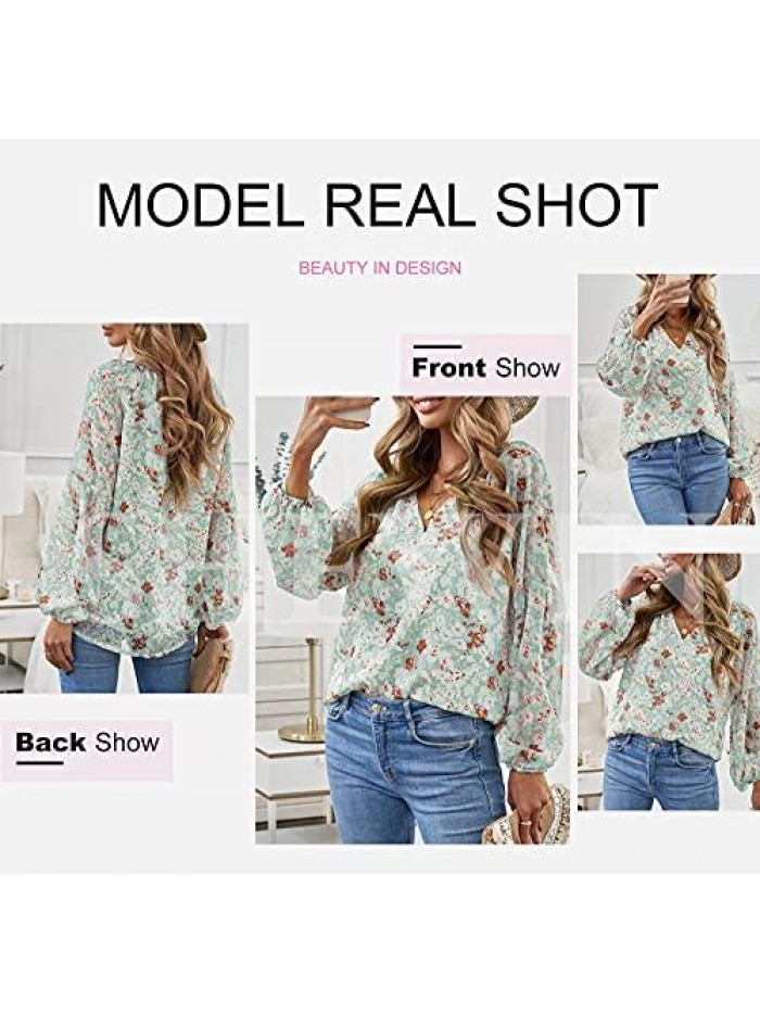 Womens Casual Boho Floral Print V Neck Long Sleeve Loose Blouses Shirts Tops 