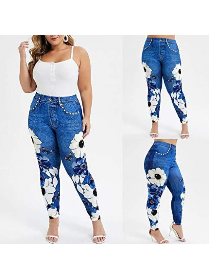 Leggings for Women Floral Denim Print Plus Size Yoga Pants Stretch Jean High Waist Fake Jeans Tights Jeggings Pants 