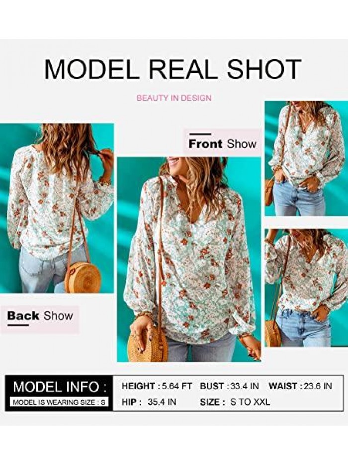 Womens Casual Boho Floral Print V Neck Long Sleeve Loose Blouses Shirts Tops 