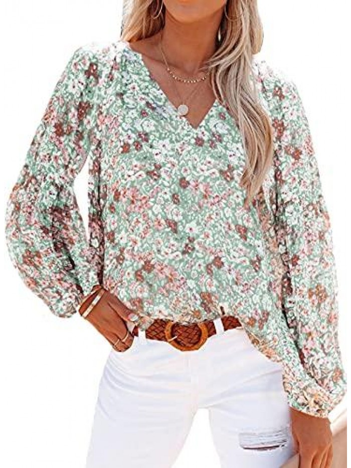 Womens Casual Boho Floral Print V Neck Long Sleeve Loose Blouses Shirts Tops 