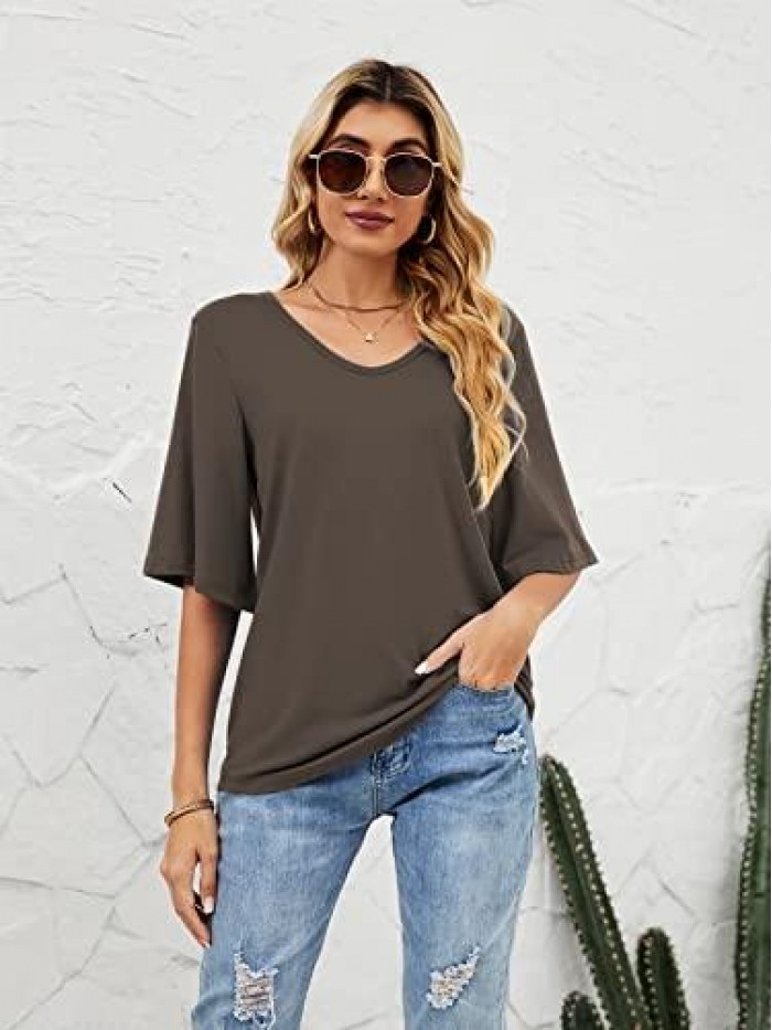 Women's Casual Blouse Summer Loose Fit Tops V neck 3/4 Bell Sleeve Shirt 